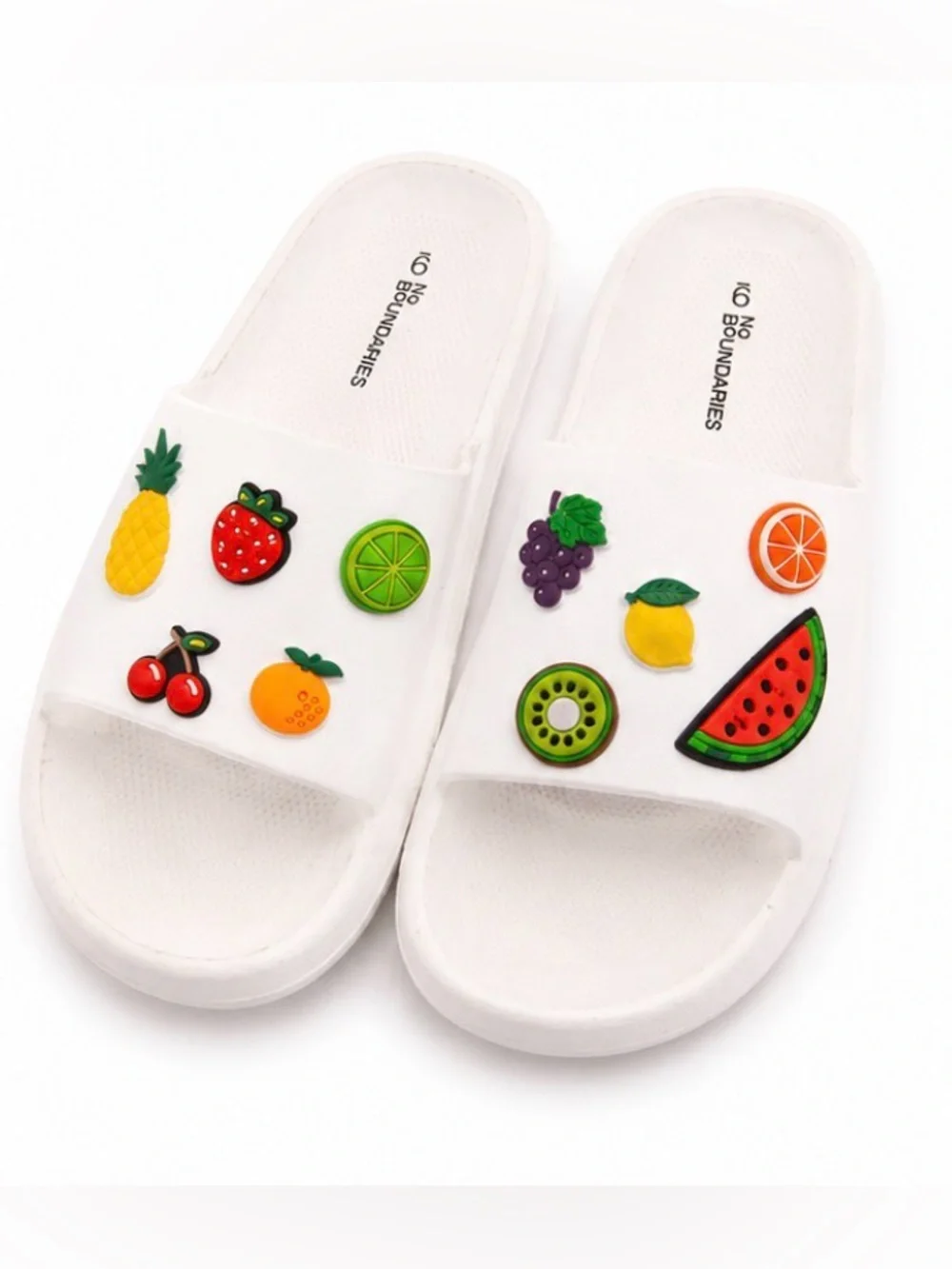 No Boundaries White  Fruit Charm Slide Sandals with Colorful Fruit Accents